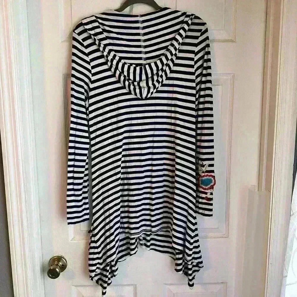 Soft Surroundings Women’s M Navy White Striped ZIP Front Hood Tunic Embroidered - Picture 5 of 9
